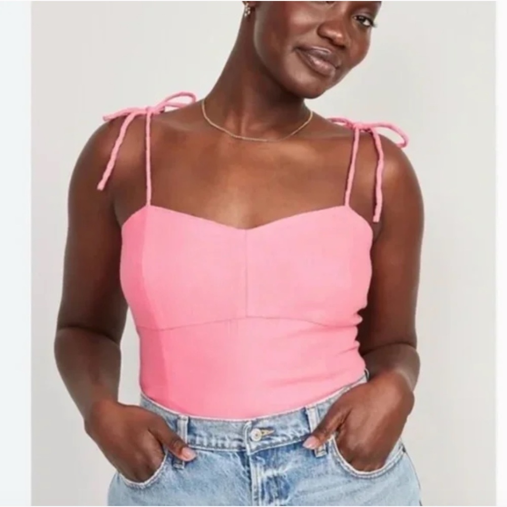 Fitted Linen-Blend Tie-Shoulder Cropped Hipster Boho Classy Minimal Cami Top